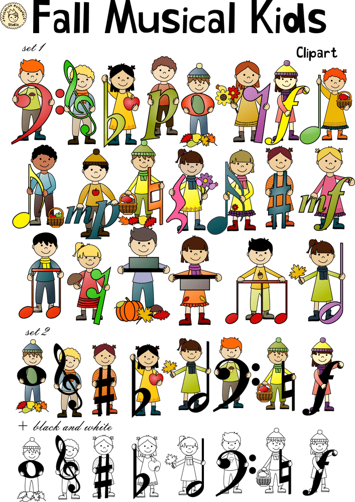 Playful Characters with Music Notes in Autumn Theme PNG
