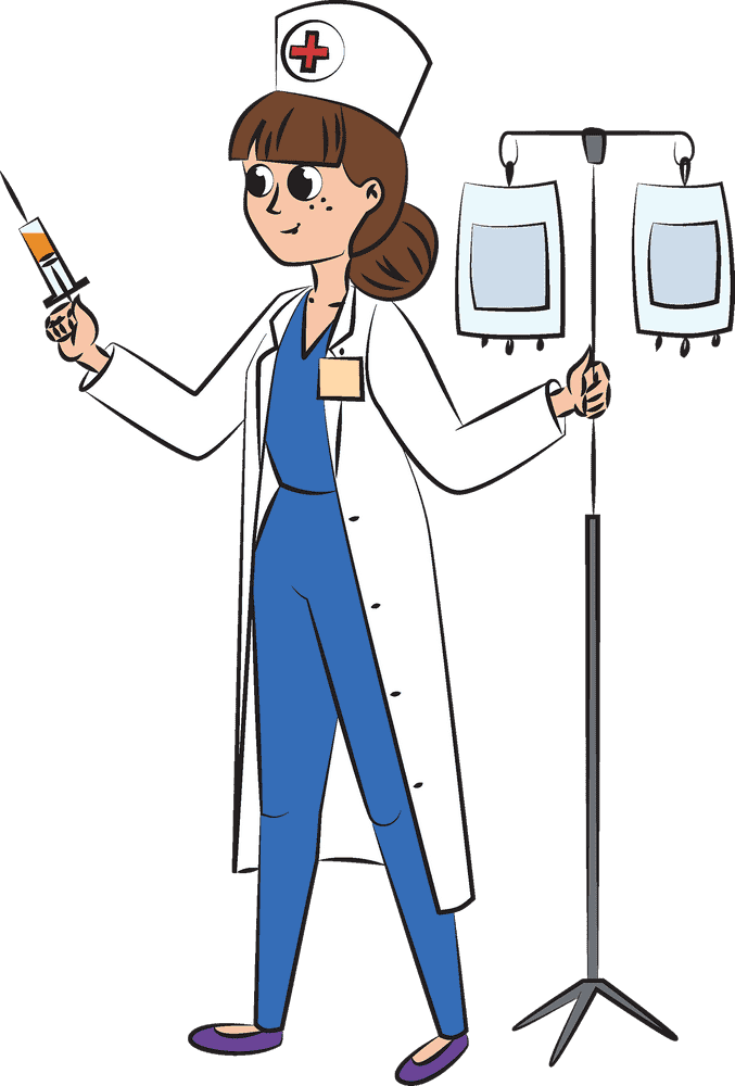 Caring Nurse with Syringe and IV Stand PNG