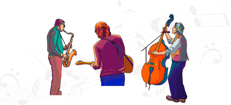 Vibrant Jazz Ensemble with Music Notes PNG