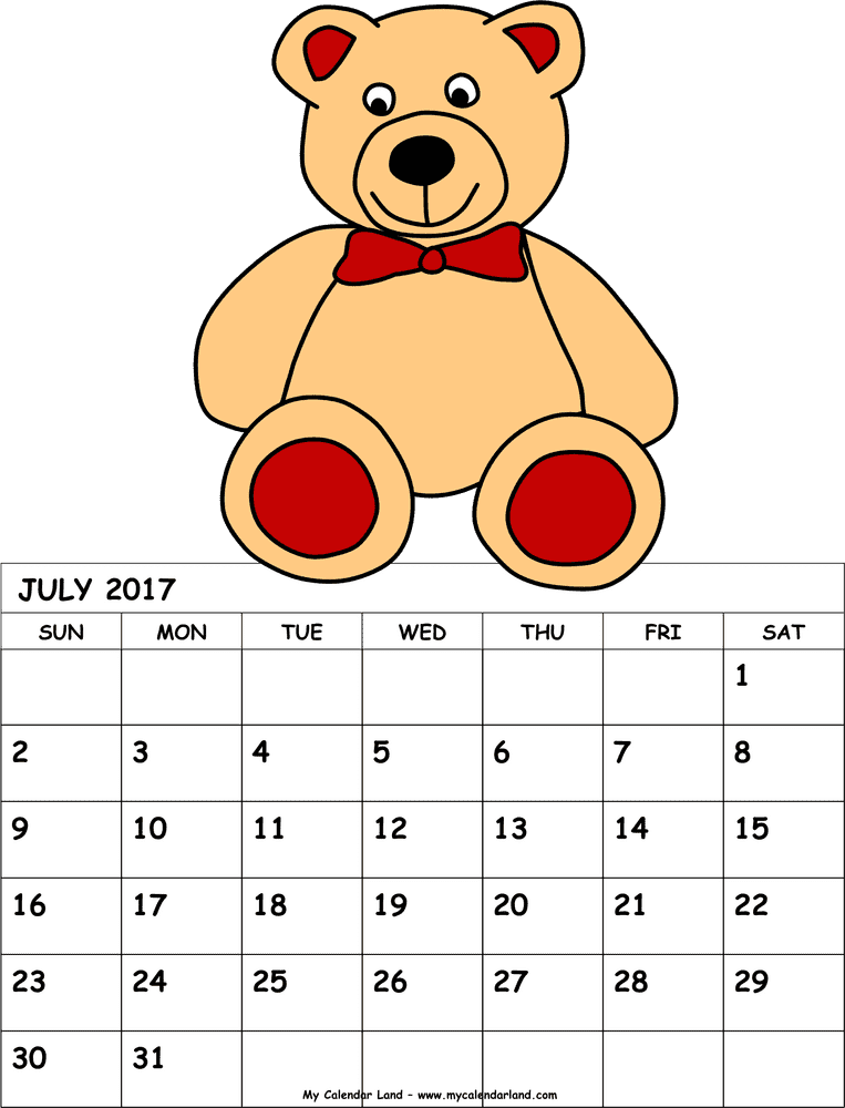 Teddy Bear Themed July Calendar PNG