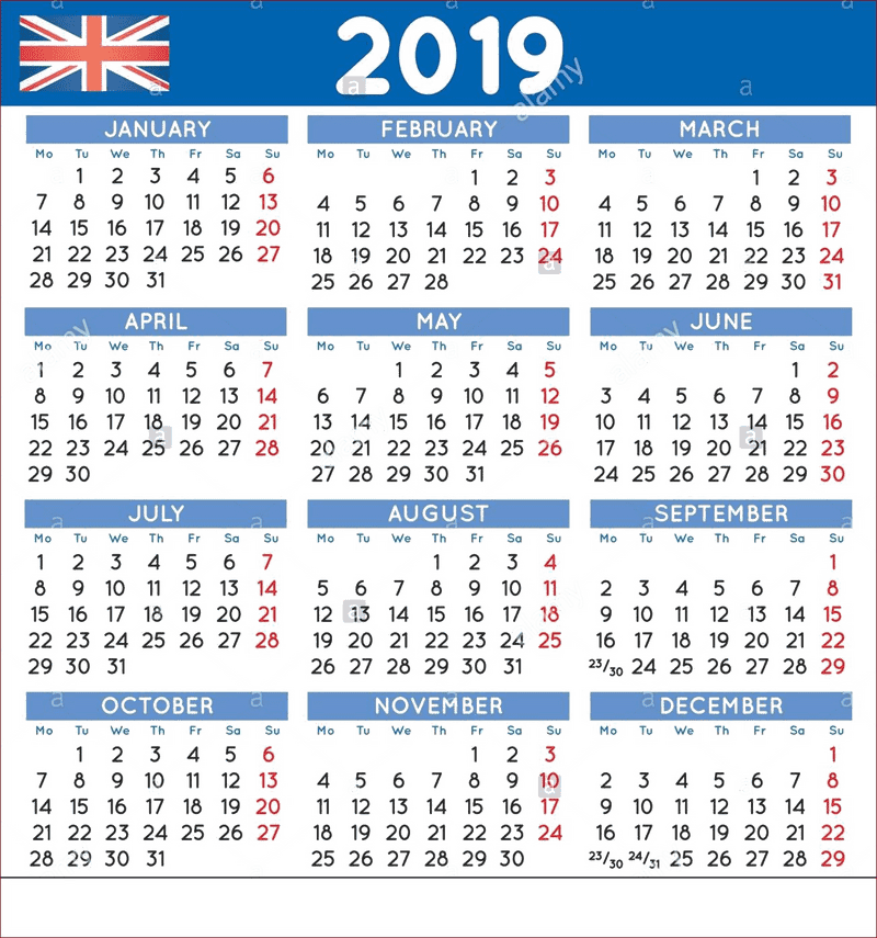 2019 UK Calendar Month-by-Month Overview PNG