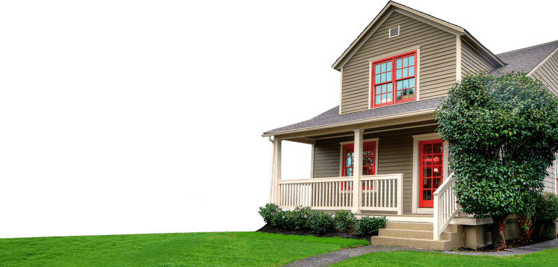 Charming House with Red Accents and Lush Lawn PNG