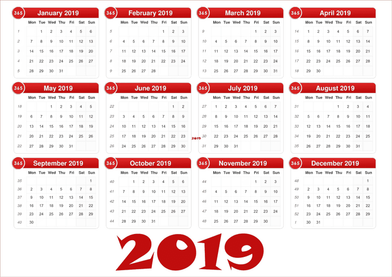 Monthly Overview Calendar for Year 2019 PNG