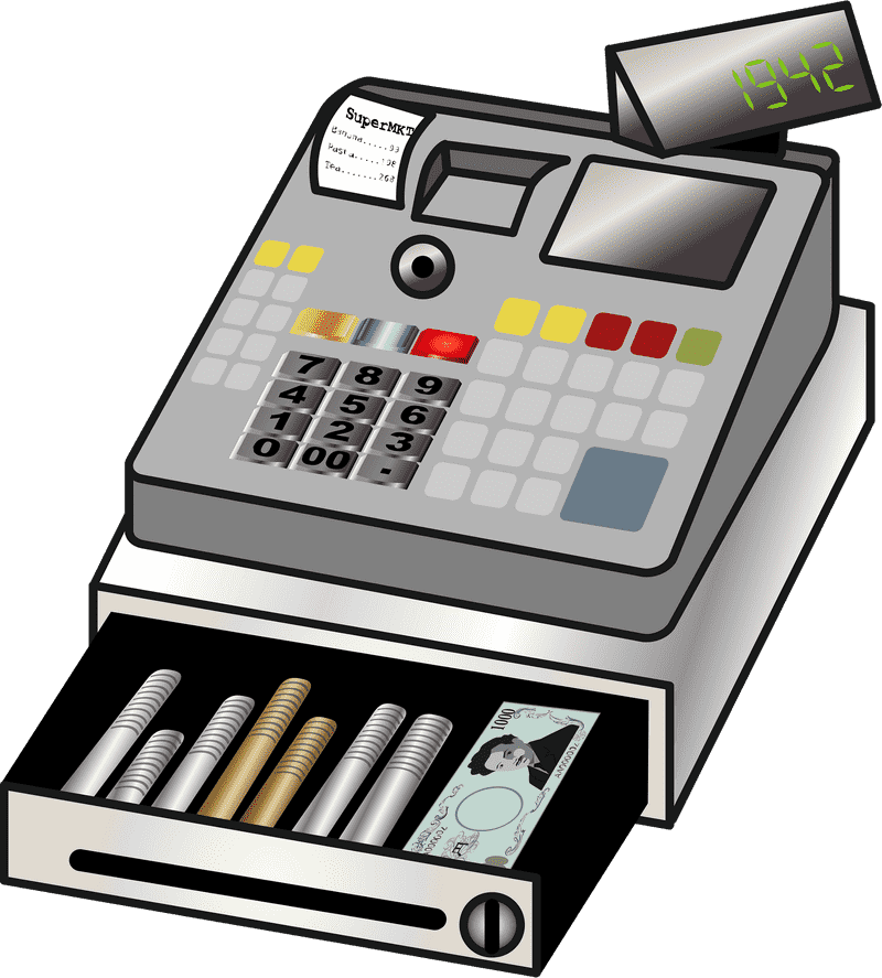 Modern Cash Register with Digital Display and Currency Drawer PNG
