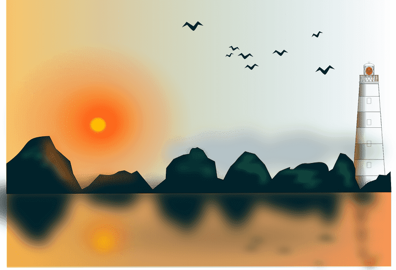 Tranquil Sunset Over Silhouetted Rocks and Lighthouse PNG