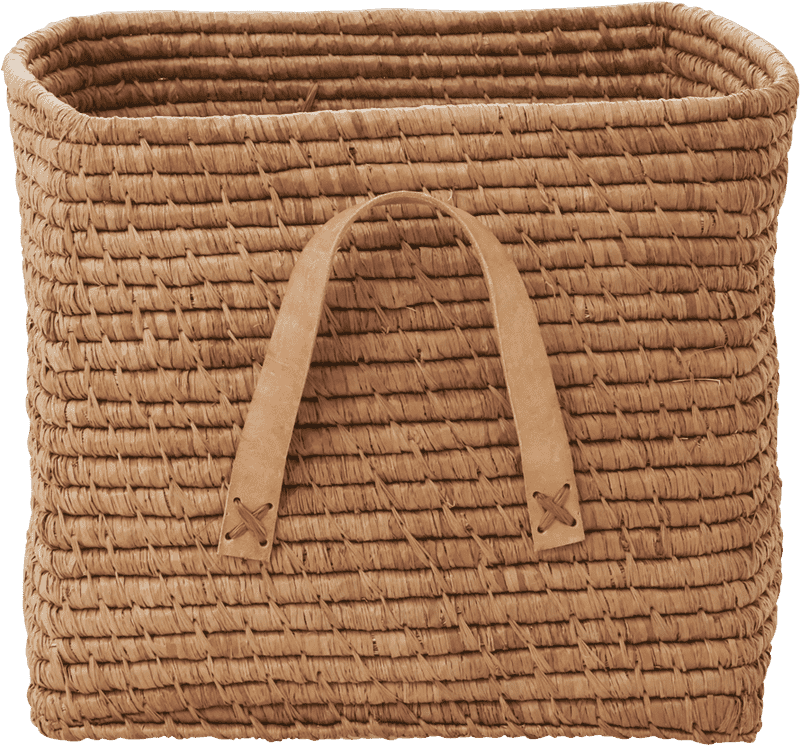 Natural Woven Laundry Basket with Leather Handles PNG
