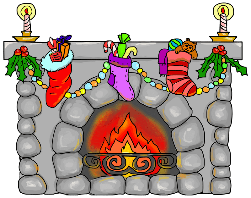 Cozy Fireplace with Colorful Stockings and Candles PNG