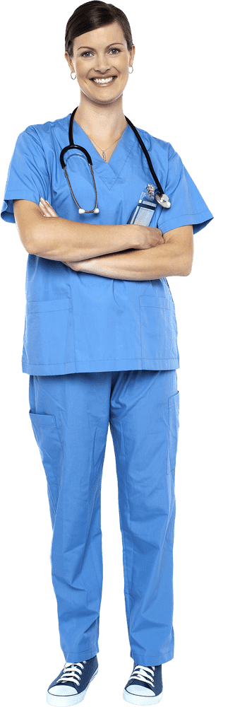 Confident Doctor in Blue Scrubs Ready to Help PNG