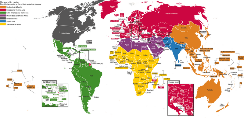 World Map of Global Regions and Highlights PNG