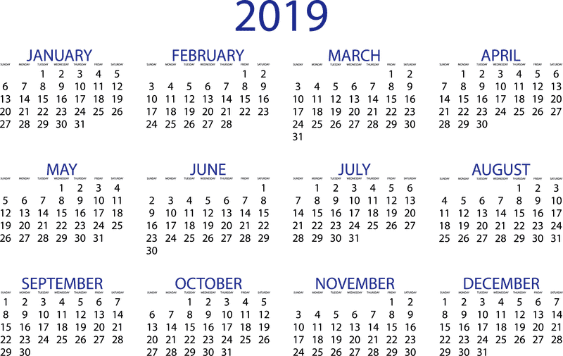 2019 Monthly Overview Calendar Design PNG