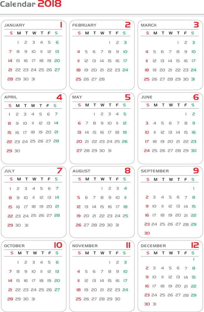 2018 Yearly Overview Calendar with Highlights PNG