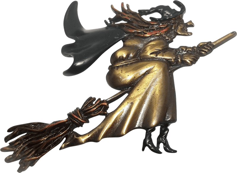 Charming Bronze Sculpture of a Witch on Broomstick PNG
