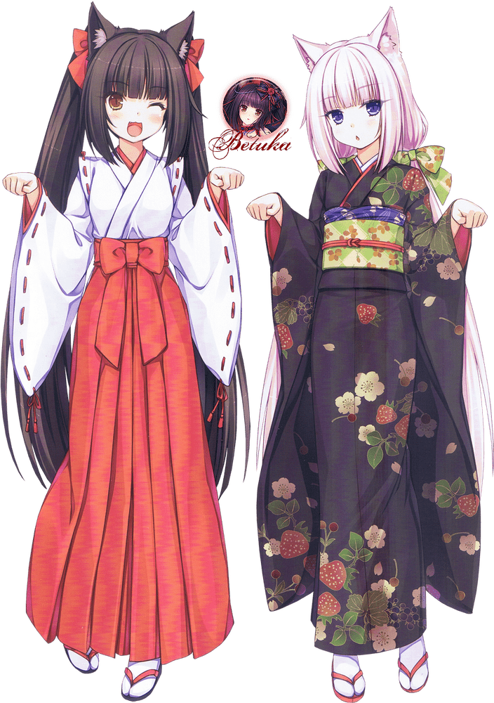 Charming Kimono Duo with Whimsical Cat Ears PNG