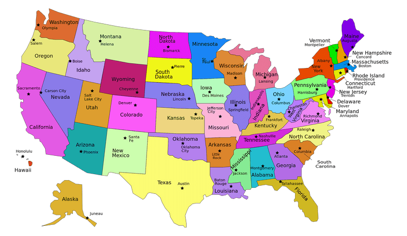 Colorful USA Map Highlighting State Borders and Names PNG
