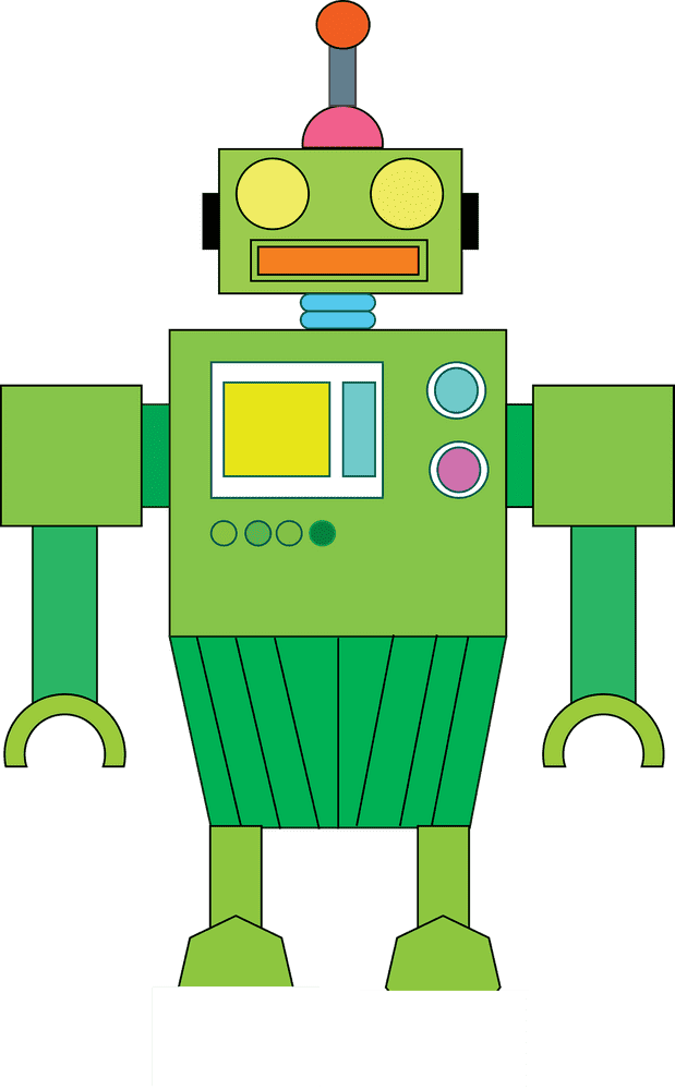 Cheerful Green Robot with Colorful Buttons PNG