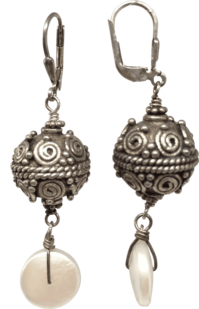 Elegant Silver Swirl Design Earrings with Pearl Drops PNG