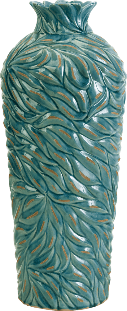 Elegant Leaf-Patterned Teal Vase PNG