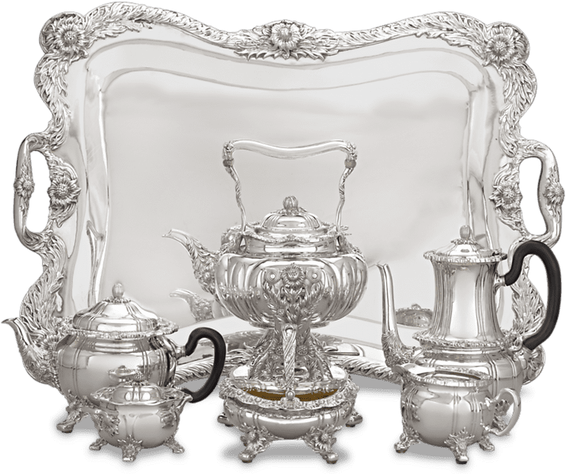 Elegant Silver Cookware Tea Set Collection PNG