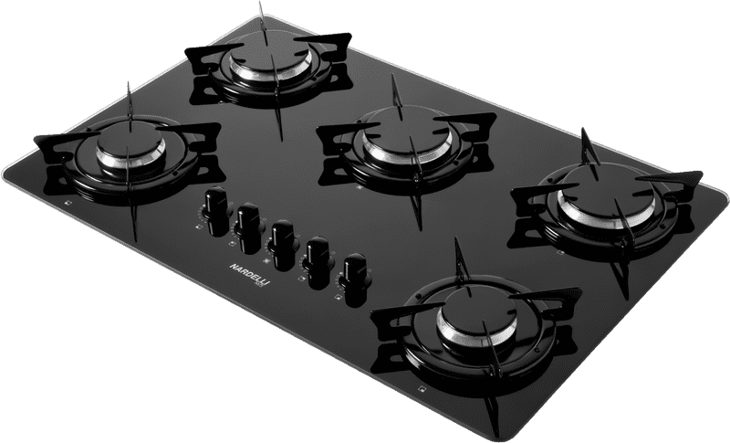 Modern Black Glass Gas Stove with Five Burners PNG