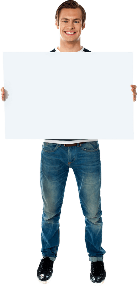 Smiling Man Holding a Blank Banner PNG