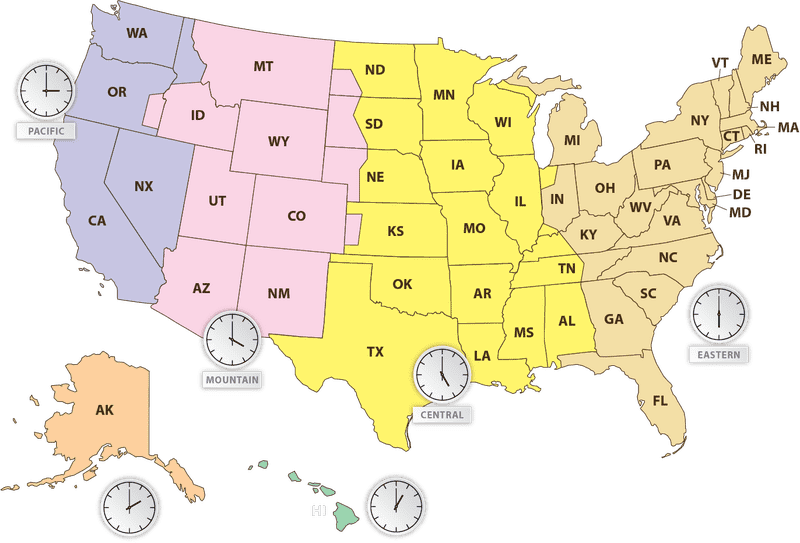 USA Map with Time Zones and States PNG