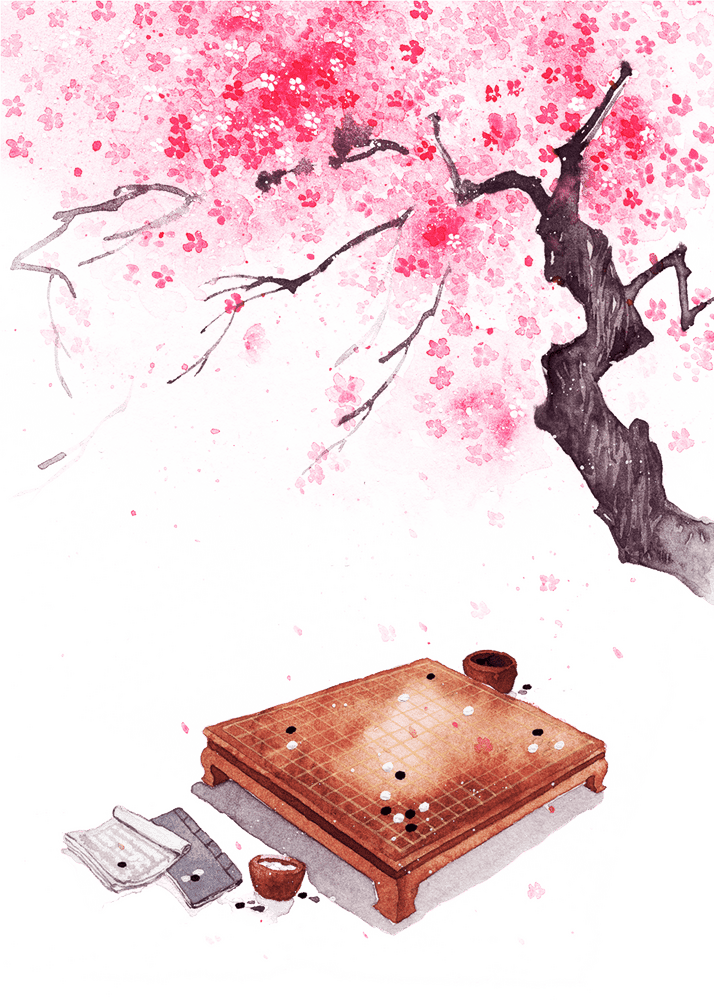 Chinese Go Game Under Cherry Blossom PNG