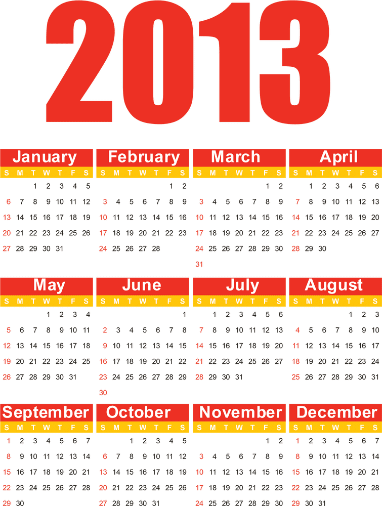2013 Yearly Overview Calendar PNG