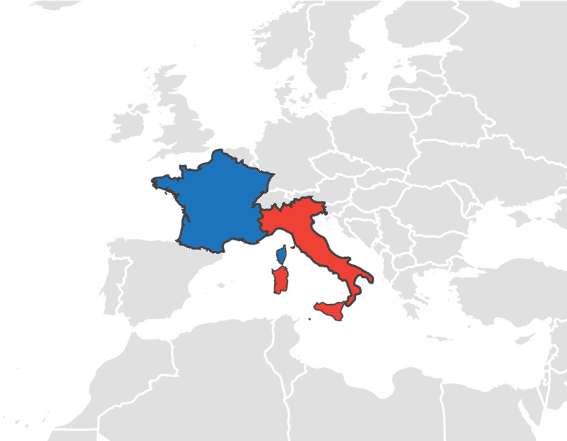 European Map Highlighting France and Italy PNG