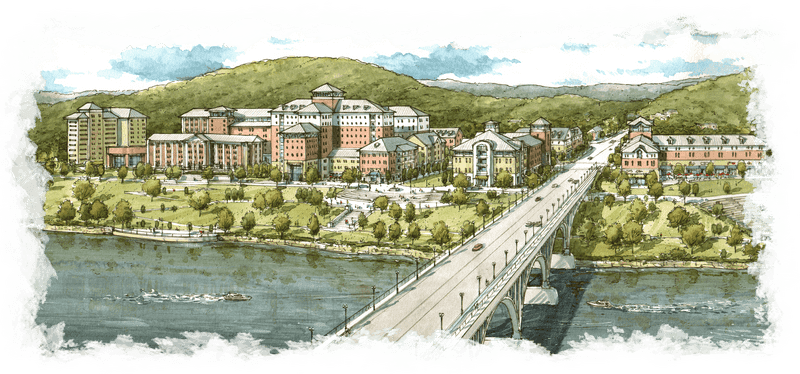 Scenic Riverfront Bridge with Hillside Community PNG