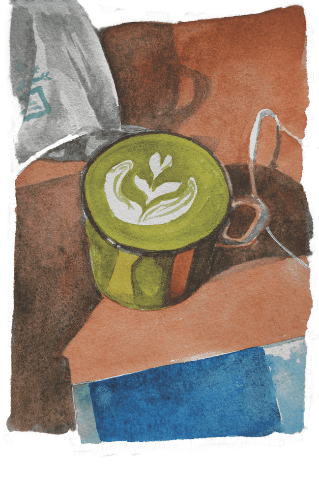 Elegant Latte Art in a Unique Green Cup PNG