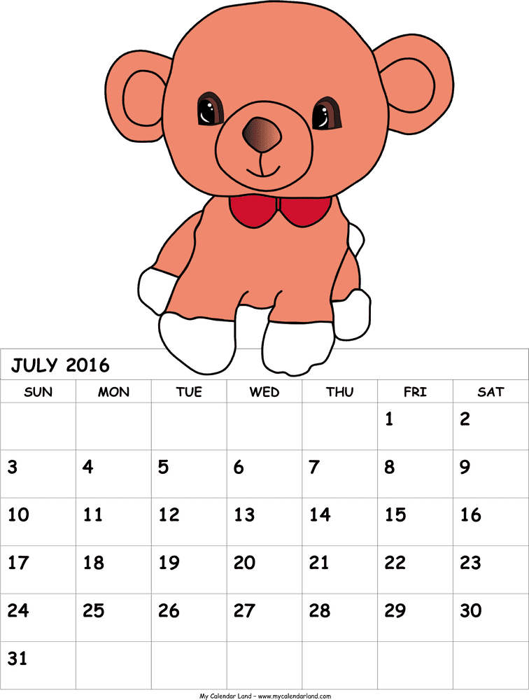 Teddy Bear Themed Calendar for July 2016 PNG