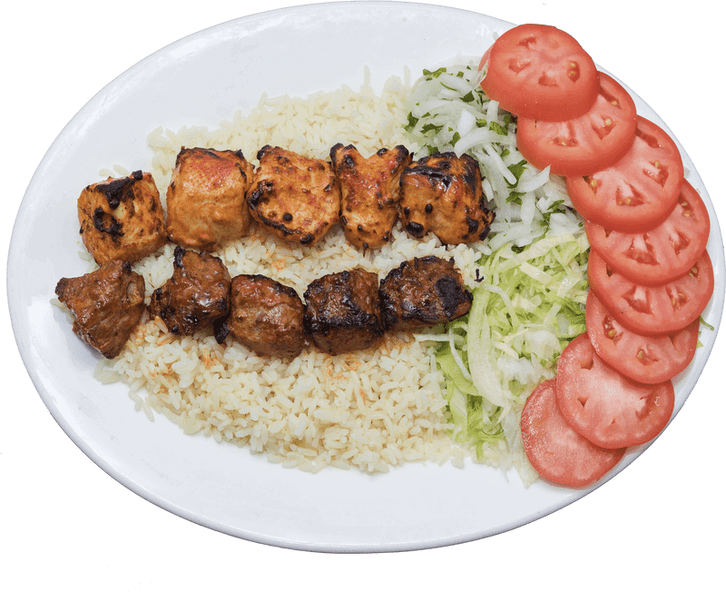 Delicious Grilled Kebab Platter with Rice and Fresh Veggies PNG