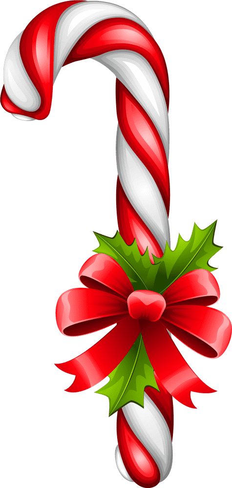 Festive Walking Cane with Bow and Holly PNG