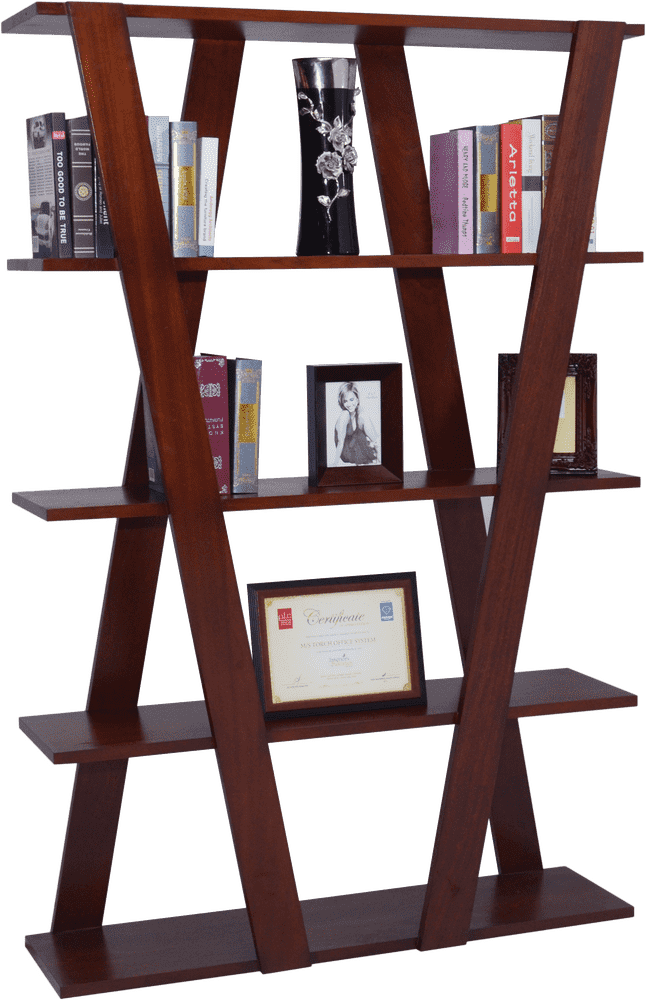 Stylish Library Shelf Displaying Books and Decor Items PNG