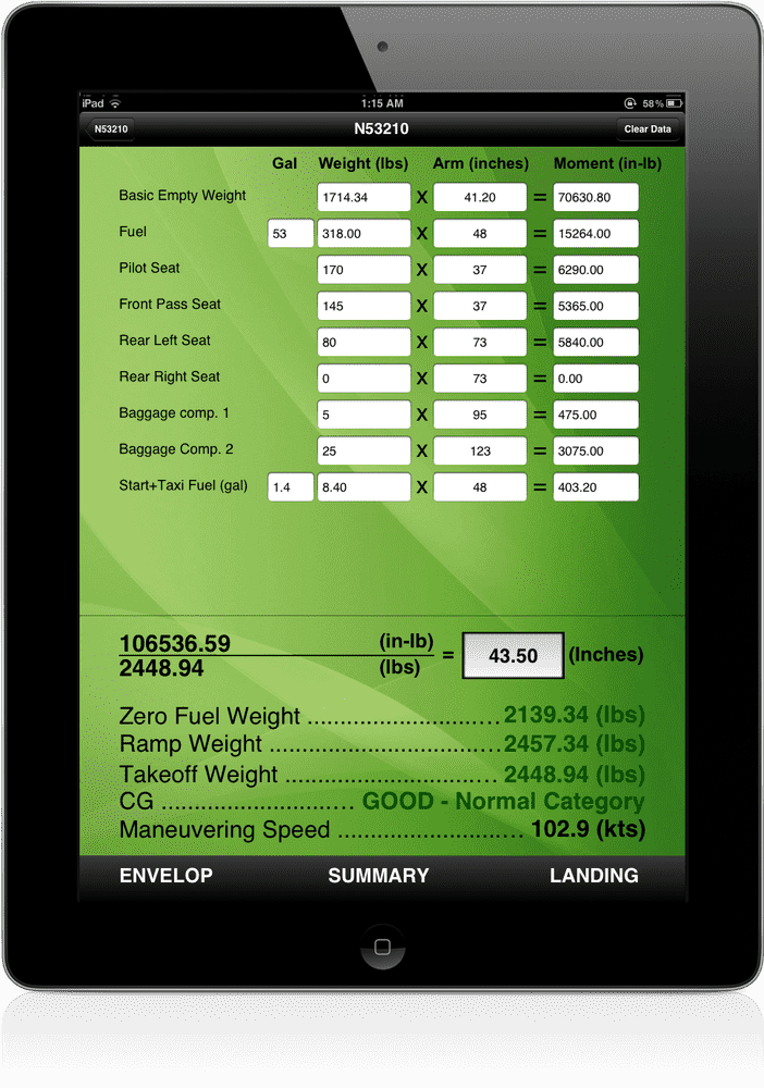 Tablet Display for Aviation Weight and Balance Data PNG