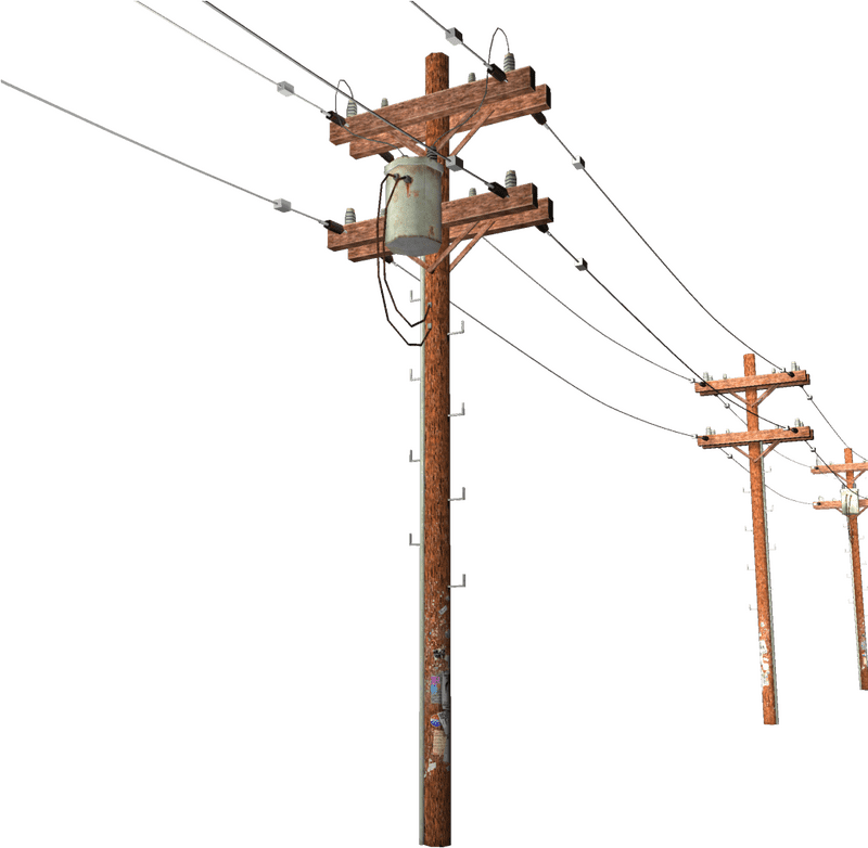 Rustic Utility Pole with Power Lines and Transformer PNG