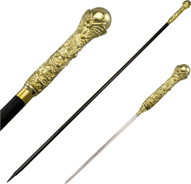 Elegant Golden Walking Cane with Intricate Design PNG