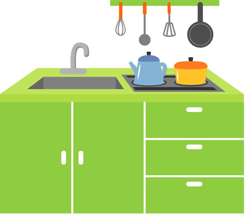 Vibrant Green Kitchen Island with Cooking Essentials PNG