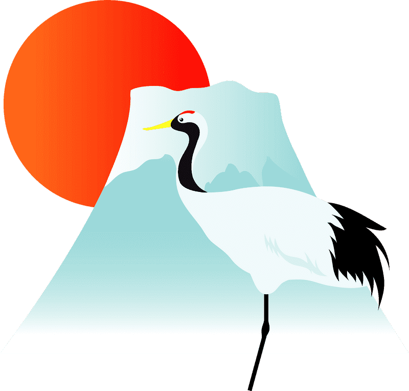 Tranquil Sunrise with Crane and Mountain PNG