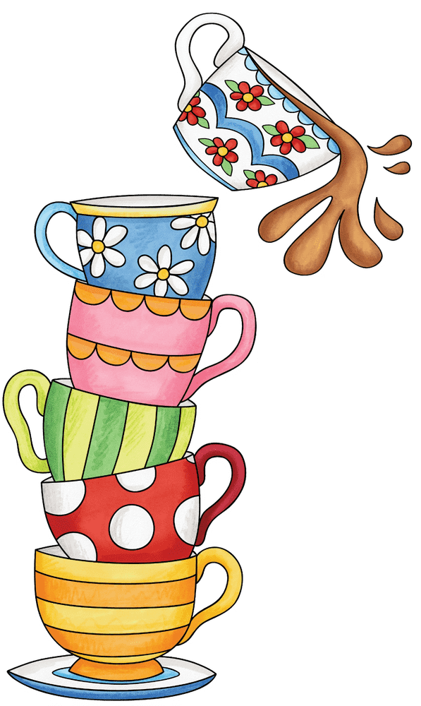 Whimsical Tea Cup Tower with Splashes PNG