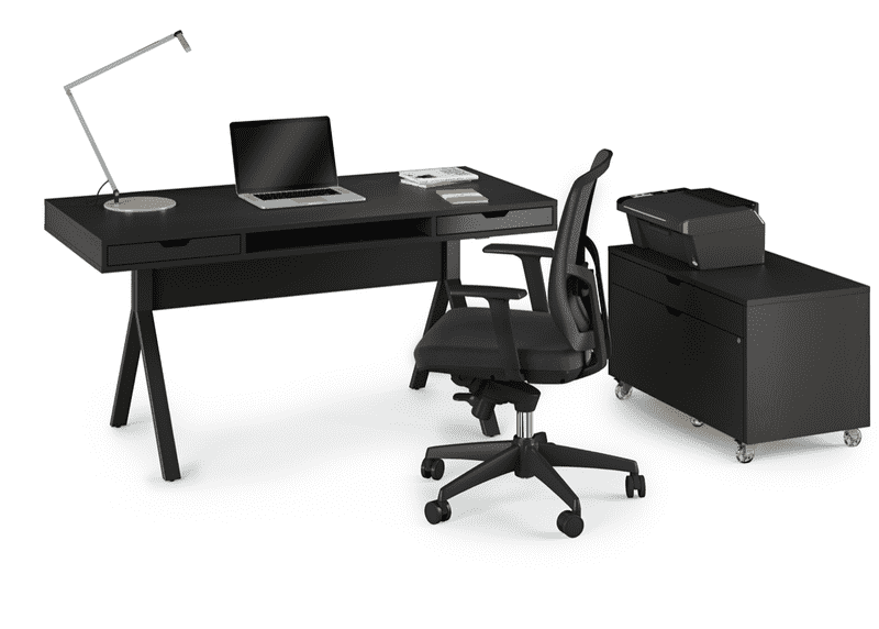 Sleek Modern Office Desk Setup with Chair and Printer PNG