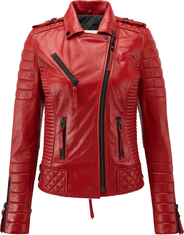 Bold Red Leather Jacket with Quilted Details PNG
