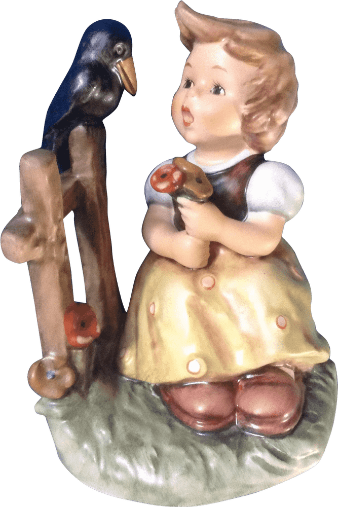 Whimsical Girl Figurine with Crow and Flowers PNG