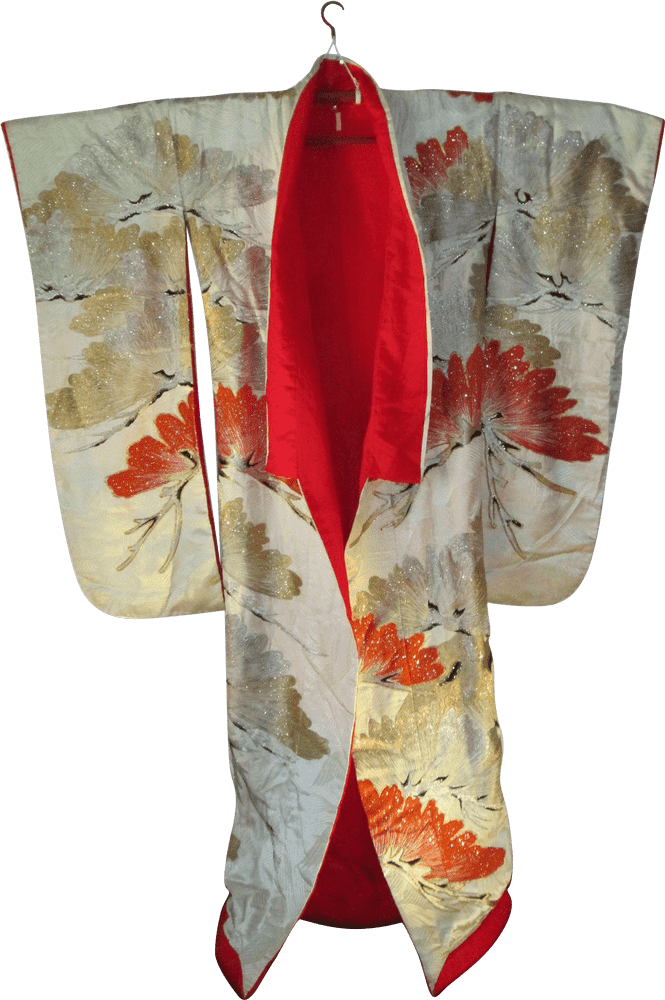 Elegant Floral Kimono with Vibrant Red Lining PNG