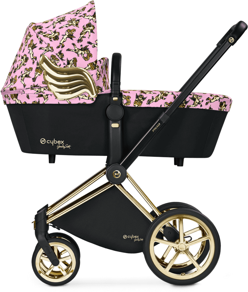 Elegant Gold and Pink Baby Stroller Design PNG