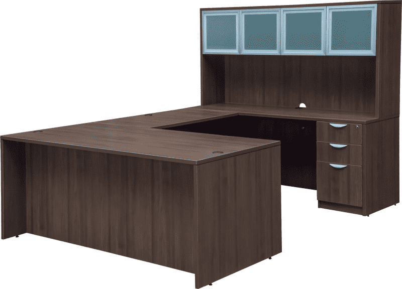 Elegant L-Shaped Office Desk with Storage Glass Cabinets PNG
