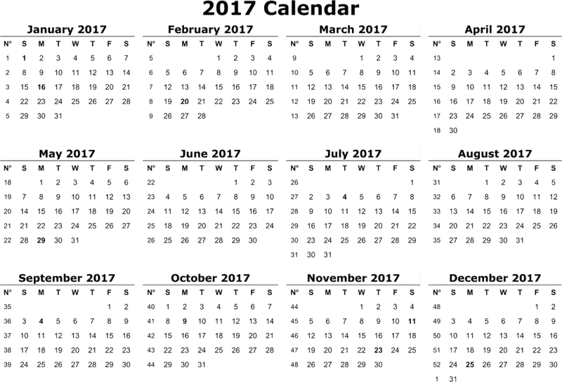 Comprehensive 2017 Yearly Calendar Overview PNG