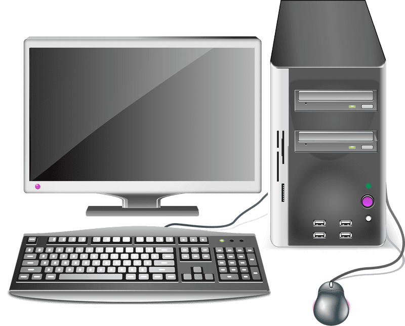 Essential Computer Part Setup with Monitor and Accessories PNG