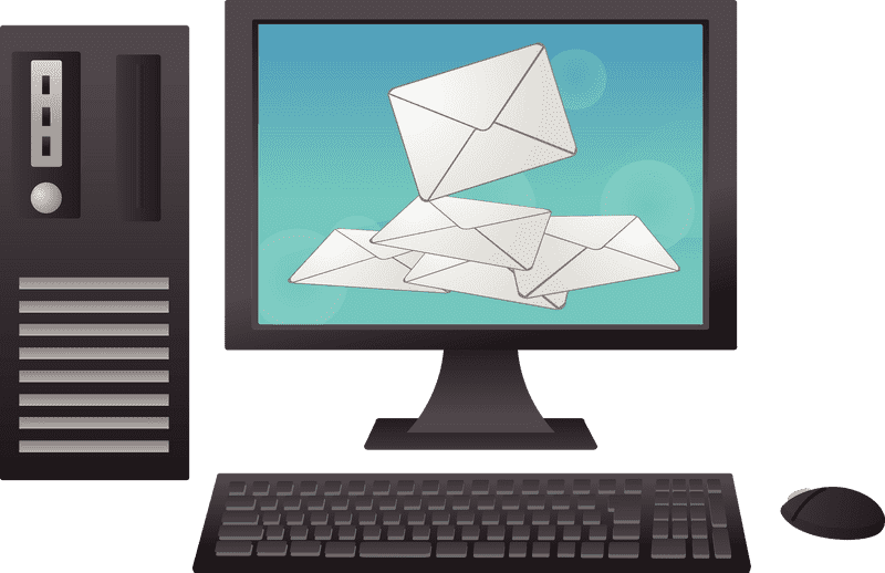 Desktop Computer with Floating Email Notifications PNG
