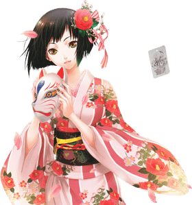 Enchanting Kimono with Mystical Fox Mask PNG